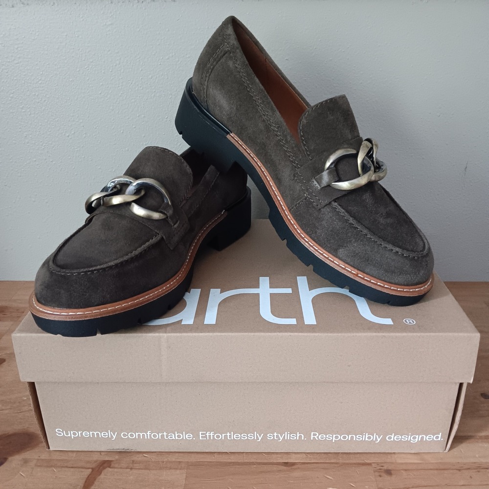 Earth ZALOR Loafers Womens 9.5 Dark Gray/Brown New Suede Lug Sole Chain Link 020